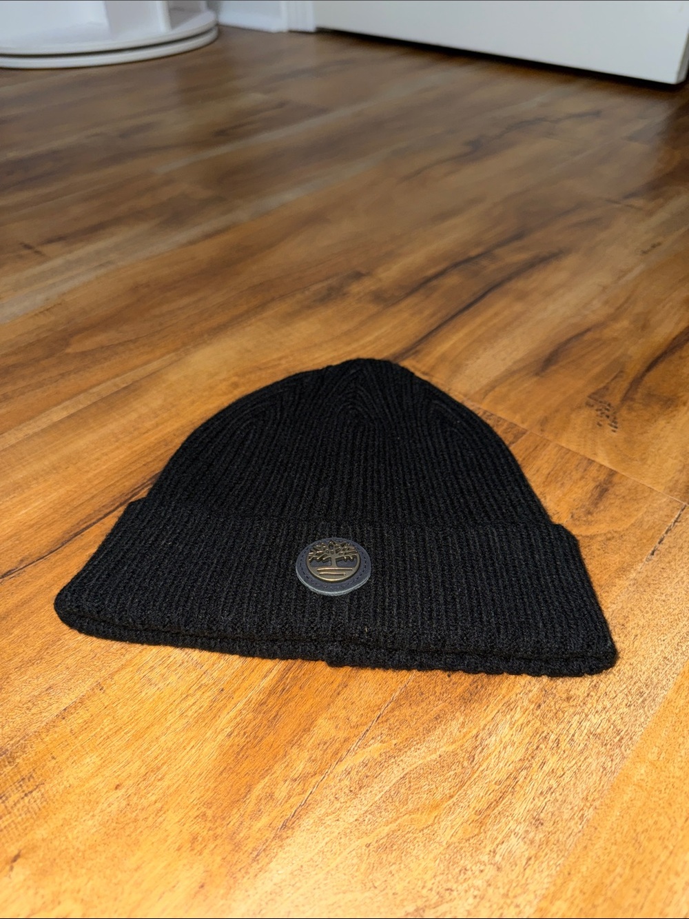 Timberland Black Ribbed Knit Cuff Beanie with Logo Patch